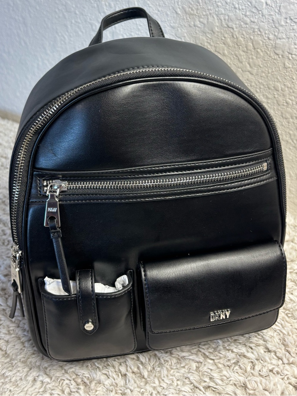 DKNY Black Leather Compact Backpack with Front Pockets